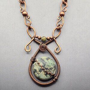 VTG Copper Wire Wrapped Jasper Pendant Necklace 18" Adjustable Length Statement